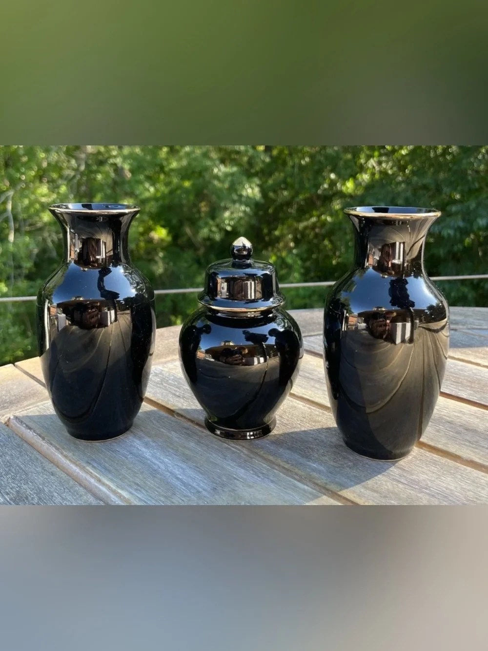Vintage 3-Pc Black Gold Dragon Ceramic Vases & Ginger Jar⁠